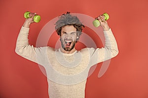 Mens heals care. Sportsman, shouting man on red background.