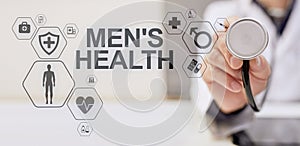 Mens Health banner, medical and health care concept on screen. Doctor with stethoscope.