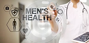 Mens Health banner, medical and health care concept on screen. Doctor with stethoscope.