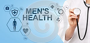 Mens Health banner, medical and health care concept on screen. Doctor with stethoscope.