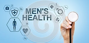 Mens Health banner, medical and health care concept on screen. Doctor with stethoscope.