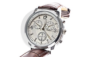 Mens luxury round swiss mechanical wrist watch with leather wristband strap.