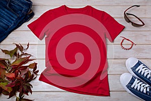 Mens red T-shirt mockup with wild grass and bracelet