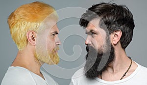 Mens set portrait. Profile closeup of serious man has beard and mustache, looks seriously, isolated. Hipster sexy guy