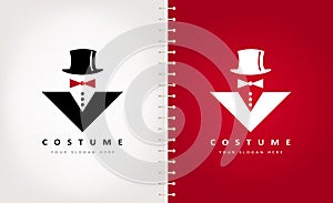 Mens suit logo vector. Hat  bow tie and jacket design.
