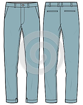 Mens Tailored chino Pants design flat sketch vector illustration, Slim fit formal trouser pants concept with front and back view,