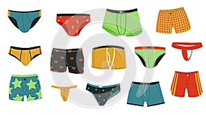 Mens underpants. Cartoon doodle male underwear clothing swimwear shorts, colorful fashion briefs trunks knickers casual