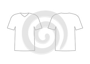Mens white t-shirt outline template with short sleeve and v neck. Shirt mockup in front and back view. Vector