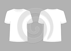 Mens white t-shirt with short sleeve. Shirt mockup in front and back view. Vector template illustration