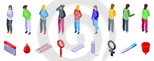 Menstrual calendar icons set isometric vector. Female cycle