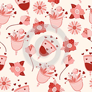 Menstrual cup with flowers and blood vector seamless pattern in flat cartoon style. Menstruation theme.
