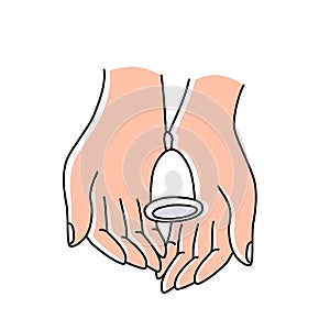 Menstrual cup in hand to collect blood while menstruation period. Feminine personal hygiene zero waste device vector