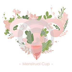 Menstrual cup with plants and flowers. Location in the female reproductive organs.