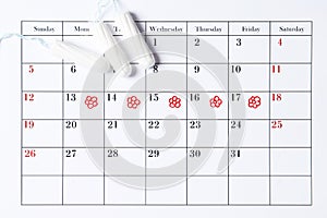 Menstrual cycle calendar. tampons, pads. Ovulation concept. menstruation concept