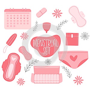 Menstrual cycle set. Menstruation calendar. Period. Menses products