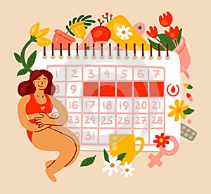 Menstrual or ovulation cycle calendar. Woman sitting near large table with PMS period marks. Menstruation control