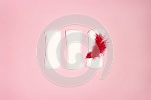 Menstrual pads with red feather on pink background