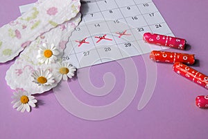 Menstrual pads and tampons on menstruation period calendar with chamomiles on pink background