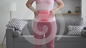 Menstrual pain, woman with stomachache suffering at home