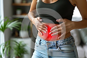 Menstrual pain, woman with stomachache suffering from pms at home, endometriosis, cystitis and other diseases of the urinary