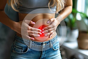 Menstrual pain, woman with stomachache suffering from pms at home, endometriosis, cystitis and other diseases of the urinary