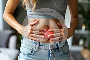 Menstrual pain, woman with stomachache suffering from pms at home, endometriosis, cystitis and other diseases of the urinary