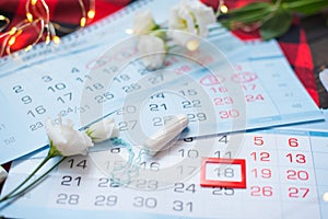 Menstruation calendar with cotton tampons and sanitary pads. Woman critical days, woman hygiene protection