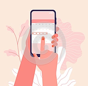 Menstruation cycle. Hands hold woman periods calendar. Menstrual phone application, ovulation check. Vector female photo