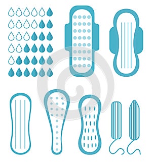 Menstruation, feminine hygiene set. Pads, pantyliners, tampons.