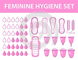 Menstruation feminine hygiene set. Pads, pantyliners, tampons, menstrual cup.