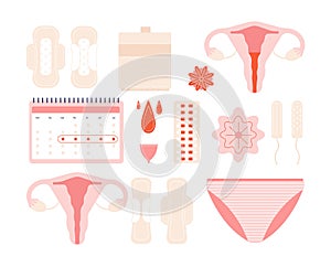 Menstruation. Girl periods, female menstrual hygiene. Sanitary problems cycle, uterus and tampons, flowers, calendar photo