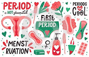 Menstruation hygiene. Female menstrual cycle, periods hygiene, menstrual cup, sanitary pad, tampons. Woman critical days