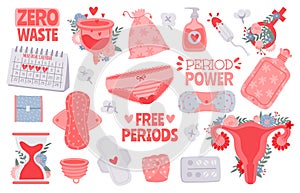 Menstruation hygiene. Female period products - tampon, pads, menstrual cup and cycle calendar. Zero waste for woman