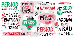 Menstruation lettering. Menstrual cycle quotes, my uterus my rules, menstruation is not taboo. First periods lettering