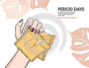 Menstruation pads, woman holding reusable period pads social media advertising  illustration. Ultra thin monthly cycle sanitary