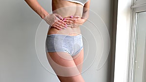 Menstruation pain. Woman body feeling abdominal pain. Illness spasm in body