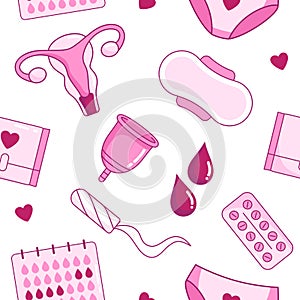 Menstruation, periods, cycle accessories and objects seamless pattern