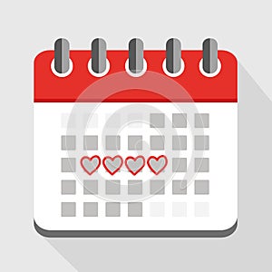 Menstruation red calendar with red hearts