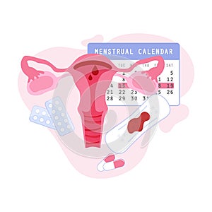 Menstruation theme background. Woman reproductive organs with calendar, tablets and dirty sanitary napkin. Illustration for first