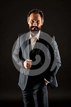 Menswear concept. Official event. Old fashioned. Classics eternal value. Bearded man with formal look. Businessman black