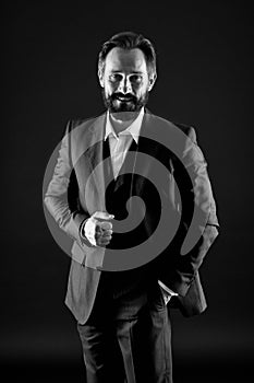 Menswear concept. Official event. Old fashioned. Classics eternal value. Bearded man with formal look. Businessman black
