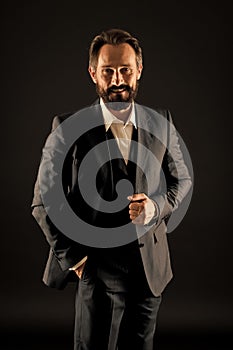 Menswear concept. Official event. Old fashioned. Classics eternal value. Bearded man with formal look. Businessman black