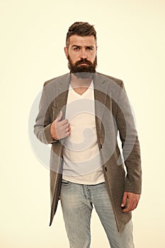 Menswear and fashion concept. Man bearded hipster stylish fashionable jacket. Casual jacket perfect for any occasion