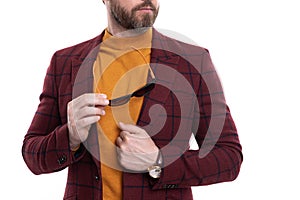 Menswear fashion. Elegant stylish man in jacket with sunglasses. Casual style of man fashion. Business casual menswear photo