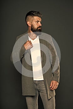 Menswear. Hipster wear comfy outfit. Caucasian man demonstrate fashionable menswear. Bearded man with moustache and