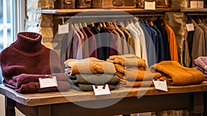 Menswear store in English countryside style, autumn winter clothing collection photo
