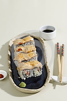 Mentai Sushi on Blue Plate