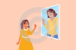 Mental connection between generations, in form of little girl looking in mirror and seeing mother