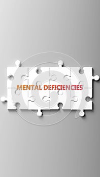 Mental Deficiencies complex like a puzzle - pictured as word mental deficiencies on a puzzle pieces photo