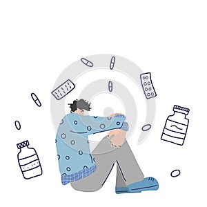 Mental disoder. Young man sitting on the floor